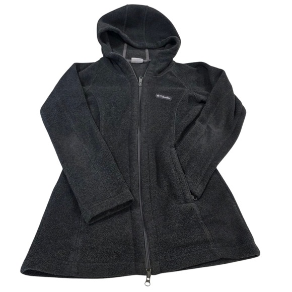 Columbia Womens Long Fleece Jacket Dark Gray XS Full Zip Hooded Raglan Sleeve - Picture 1 of 10